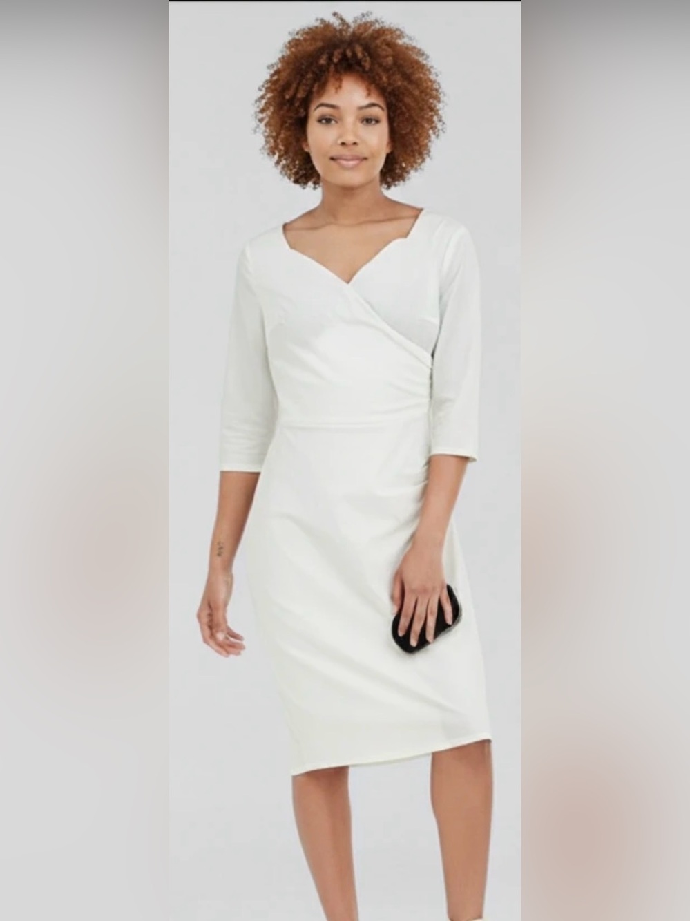 White Ruched 3/4 sleeve Dress